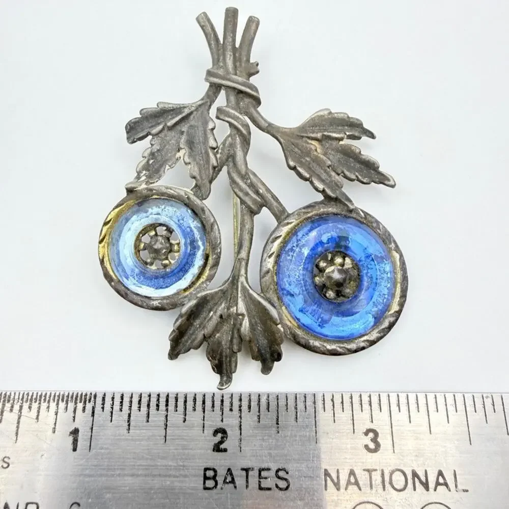 Vintage LN/25 Little Nemo Pot Metal Flower Brooch Pin Blue Glass Cabochons